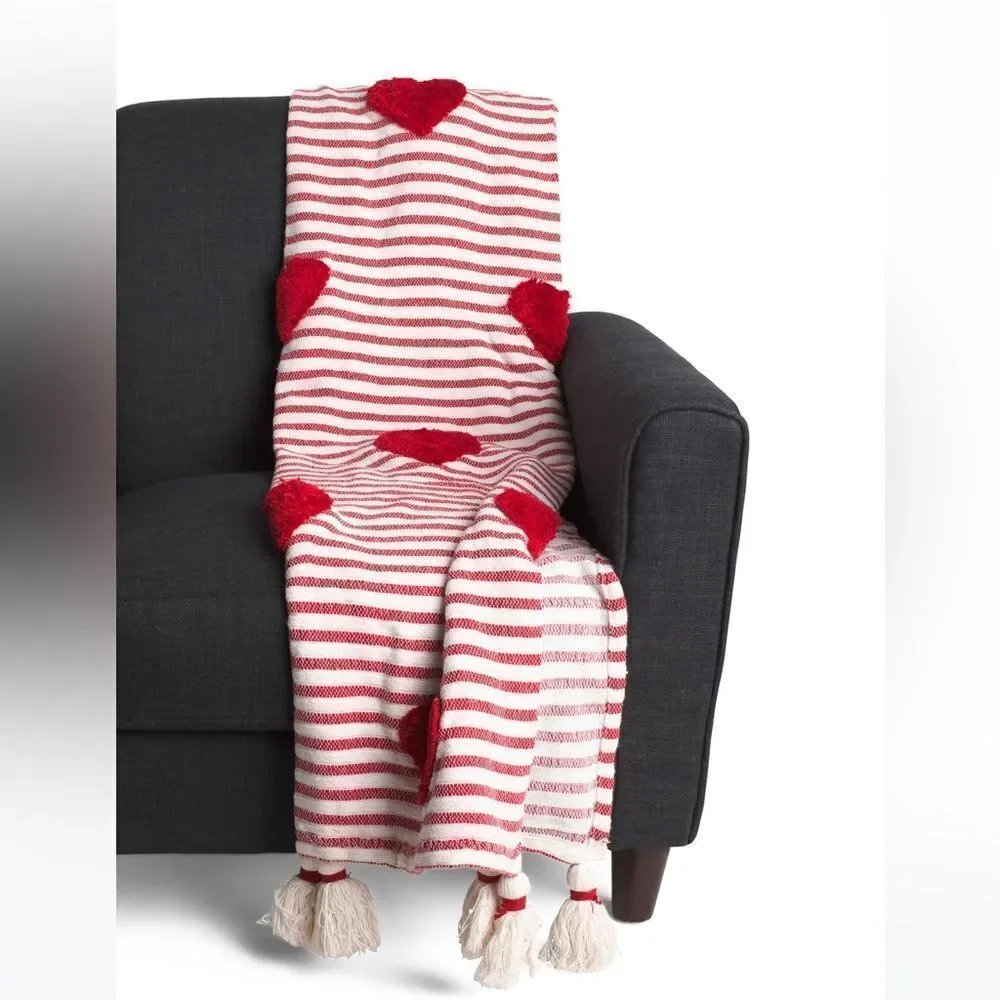 cupcakes and cashmere White Red Tufted Hearts Striped Tasseled Throw